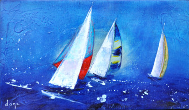 Schilderij getiteld "Les trois bateaux" door Dane, Origineel Kunstwerk, Acryl Gemonteerd op Frame voor houten brancard