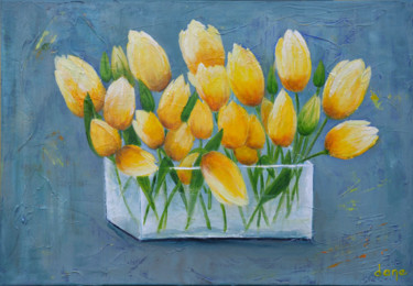 Painting titled "Les tulipes jaunes" by Dane, Original Artwork, Acrylic Mounted on Wood Stretcher frame