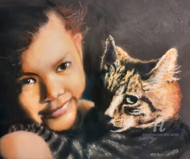 Peinture intitulée "Enfant et son chat" par Dany Wattier, Œuvre d'art originale, Pastel