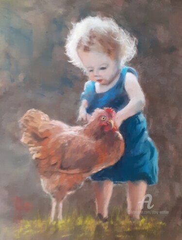 图画 标题为“L'enfant et la poule” 由Dany Wattier, 原创艺术品, 粉彩