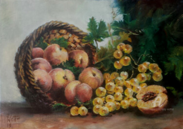 Malerei mit dem Titel "Pêches et raisins" von Dany Wattier, Original-Kunstwerk, Öl Auf Keilrahmen aus Holz montiert