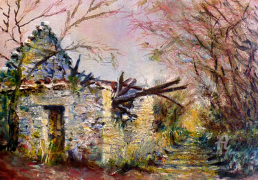 Peinture intitulée "Cabane de vigne en…" par Dany Wattier, Œuvre d'art originale, Huile