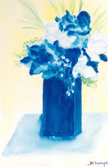 Painting titled "Fleurs Bleues" by Dany Champeme, Original Artwork, Watercolor