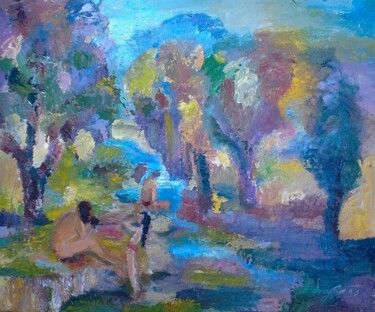 Painting titled "a la riviere" by Daniele Gras, Original Artwork, Oil Mounted on Wood Stretcher frame