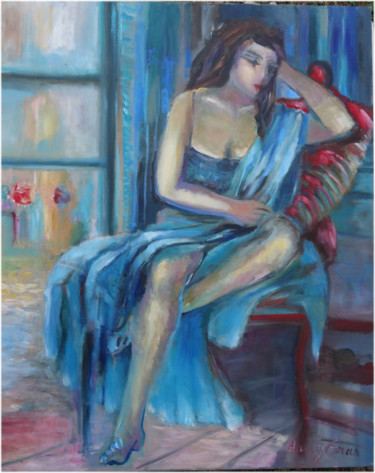 Peinture intitulée "femme au coussin ro…" par Daniele Gras, Œuvre d'art originale, Autre