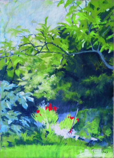 Peinture intitulée "au fond du jardin" par Dany Masson, Œuvre d'art originale, Pastel Monté sur Carton