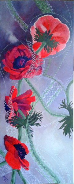 Картина под названием "Anémone rouge" - Dany Masson, Подлинное произведение искусства, Масло Установлен на Деревянная рама д…