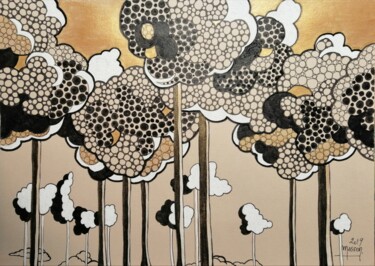 Drawing titled "arbres nuages" by Dany Masson, Original Artwork, Ink Mounted on Cardboard