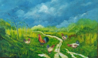 Painting titled "Coq et poules dans…" by Danou Tradition, Original Artwork, Acrylic
