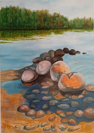 Painting titled "Камни у реки" by Daria Bondarenko, Original Artwork, Oil