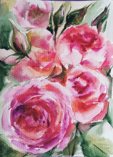 Рисунок под названием "Садовые розы" - Дарья Давыдова, Подлинное произведение искусства, Акварель