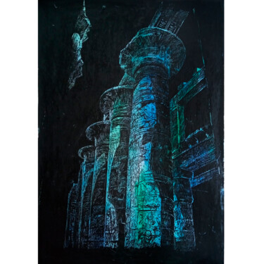 Картина под названием "Древний храм в лунн…" - Дарья Столика, Подлинное произведение искусства, Scratchboard