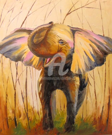 Painting titled "Smiling elephant" by Olha, Original Artwork, Oil