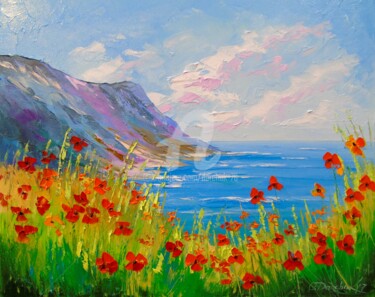 Painting titled "Poppies on the beach" by Olha, Original Artwork, Oil
