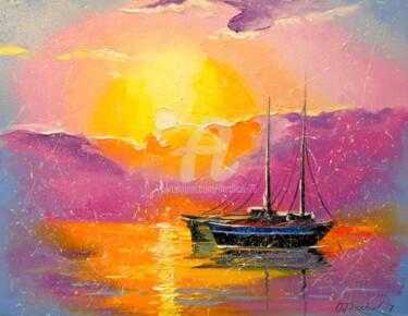 Painting titled "Pink sunset" by Olha, Original Artwork, Oil Mounted on Wood Stretcher frame