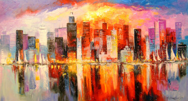 Painting titled "Evening metropolis" by Olha, Original Artwork, Oil