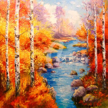 Painting titled "Birch at a stream" by Olha, Original Artwork, Oil Mounted on Wood Stretcher frame