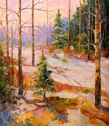 Painting titled "In the winter forest" by Olha, Original Artwork, Oil