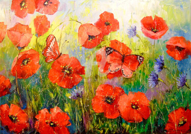Pintura intitulada "Poppies and butterf…" por Olha, Obras de arte originais, Óleo