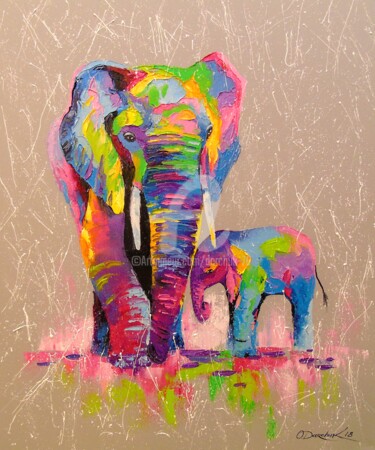 Painting titled "Elephants mother an…" by Olha, Original Artwork, Oil