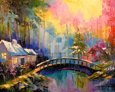 Painting titled "House in the forest" by Olha, Original Artwork, Oil