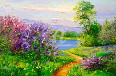 Painting titled "Lilac by the river" by Olha, Original Artwork, Oil