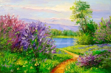 Painting titled "Lilac by the river" by Olha, Original Artwork, Oil