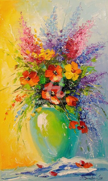 Painting titled "Bouquet of wildflow…" by Olha, Original Artwork, Oil Mounted on Wood Stretcher frame