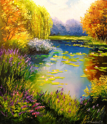 Painting titled "Blooming pond" by Olha, Original Artwork, Oil
