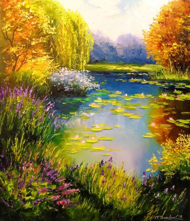 Painting titled "Blooming pond" by Olha, Original Artwork, Oil