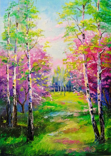 Painting titled "Spring birch trees" by Olha, Original Artwork, Oil