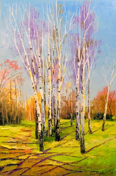 Painting titled "Birch trees on a Su…" by Olha, Original Artwork, Oil