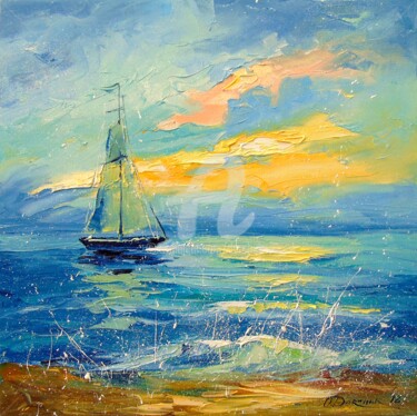 Pintura intitulada "Sailboat at dawn" por Olha, Obras de arte originais, Óleo