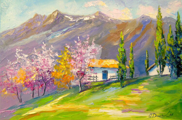 Painting titled "Spring in a mountai…" by Olha, Original Artwork, Oil