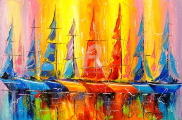 Painting titled "Rainbow boats" by Olha, Original Artwork, Oil