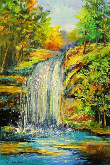 Painting titled "Waterfall in the fo…" by Olha, Original Artwork, Oil