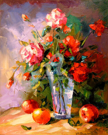 Malerei mit dem Titel "Roses and fruits" von Olha, Original-Kunstwerk, Öl
