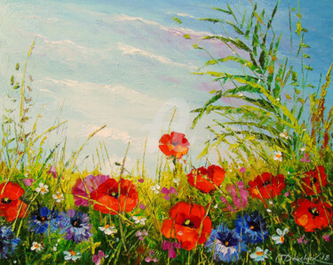 Painting titled "Summer field of flo…" by Olha, Original Artwork, Oil