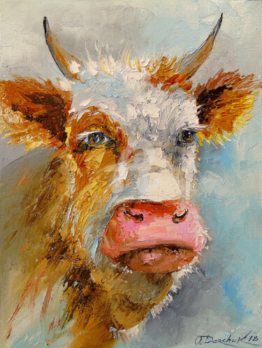 Painting titled "Young bull" by Olha, Original Artwork, Oil
