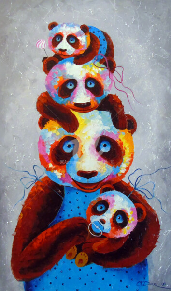 Painting titled "Panda family" by Olha, Original Artwork, Oil