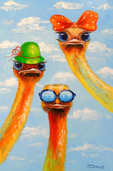 Painting titled "Ostriches friends" by Olha, Original Artwork, Oil