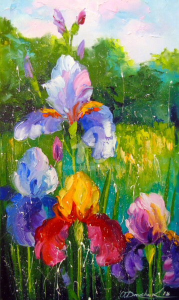 Schilderij getiteld "Irises" door Olha, Origineel Kunstwerk, Olie