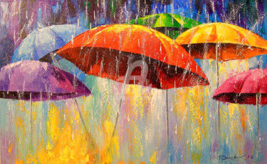 Schilderij getiteld "Dancing umbrellas" door Olha, Origineel Kunstwerk, Olie