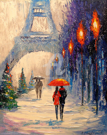 Schilderij getiteld "New year's Paris" door Olha, Origineel Kunstwerk, Olie