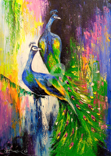 Painting titled "Peacocks" by Olha, Original Artwork, Oil