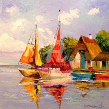Painting titled "Sailboats near the…" by Olha, Original Artwork, Oil