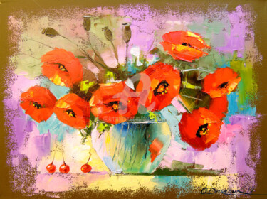 Painting titled "A bouquet of poppie…" by Olha, Original Artwork, Oil Mounted on Wood Stretcher frame