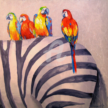 Painting titled "Parrots on Zebra" by Olha, Original Artwork, Oil