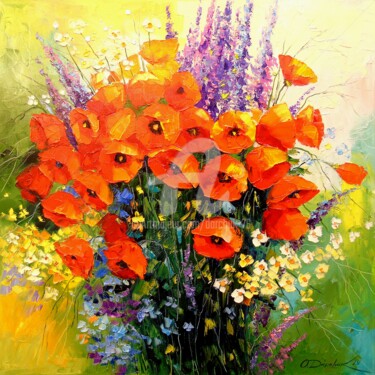Painting titled "Bouquet of red popp…" by Olha, Original Artwork, Oil