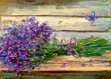 Painting titled "Bouquet of lavender" by Olha, Original Artwork, Oil